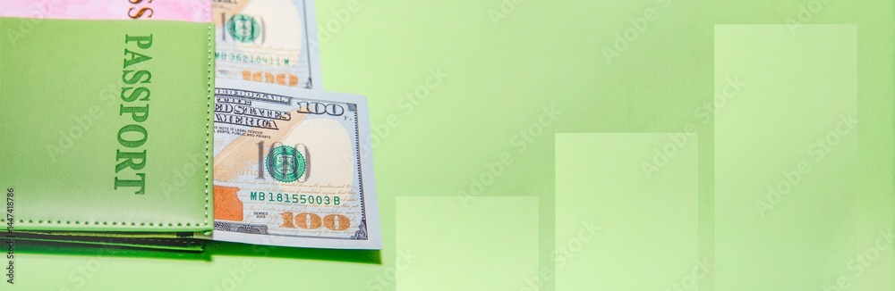 Passport with US dollars on green background with copy space, travel budget concept Passport with US dollars on green background with copy space, travel budget concept