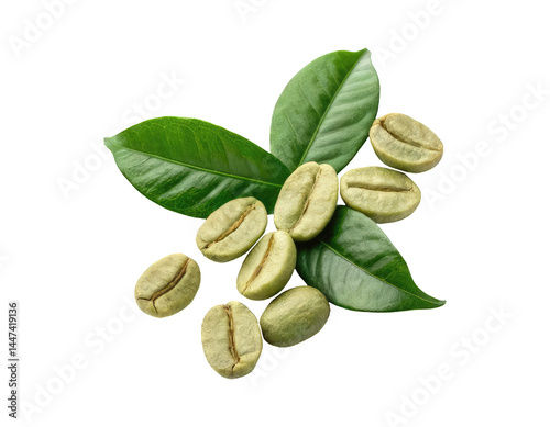 Unroasted raw green coffee beans with leaves on a transparent background png drinks design