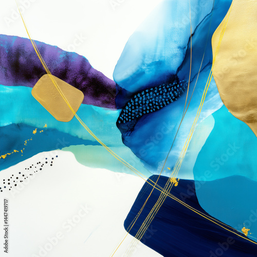 A painting of a blue and gold landscape with a blue mountain