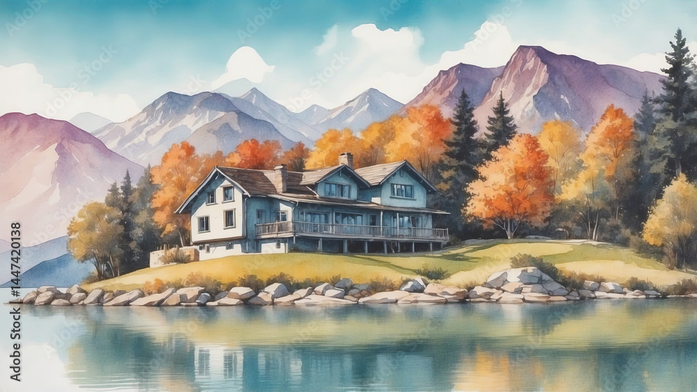 Fototapeta premium Watercolor painting of a lakeside house surrounded by vibrant autumn colors with mountains.