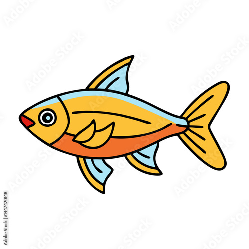 Illustration of a colorful neon tetra fish swimming in an aquarium drawing for kids and adults
