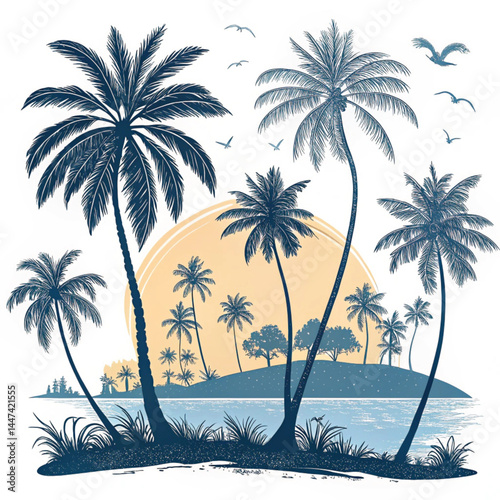 Tropical Beach Landscape with Palm Trees and Ocean View – Vintage Summer Island Illustration