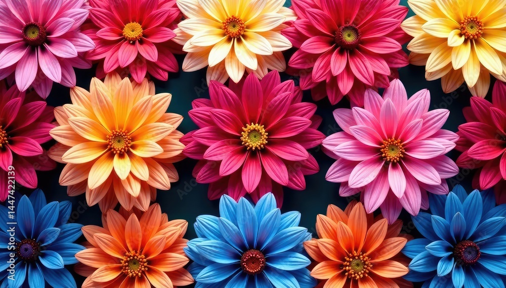 Intricate dahlia blooms, vibrant colors, repeating pattern , close-up, vector