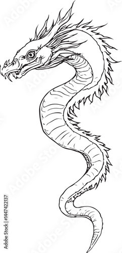 Hydra Monster Creature, Horror Halloween Scary Spooky Black and White Vector Illustration, Sketch Drawing Line Linear Symbol Icon Engraving, Hand-drawn Isolated