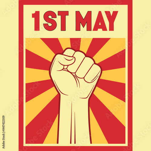 Labor Day Power: A striking vintage design celebrating Labor Day, showcasing a clenched fist raised in solidarity against a radiating red sun.