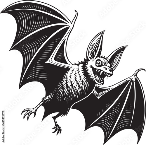 Vampire bat Creature, Horror Halloween Scary Spooky Black and White Vector Illustration, Sketch Drawing Line Linear Symbol Icon Engraving, Hand-drawn Isolated