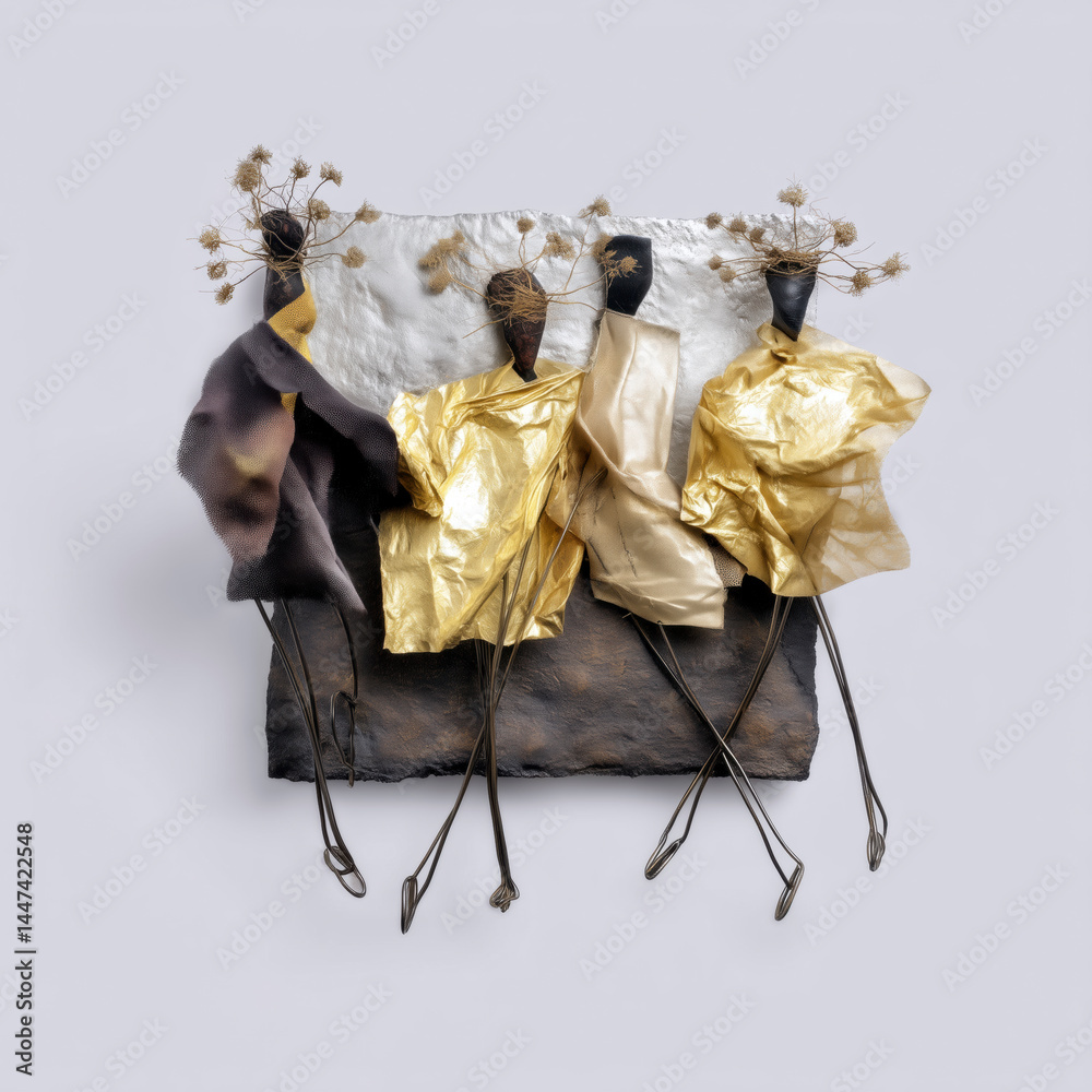 Three figures made of paper and gold