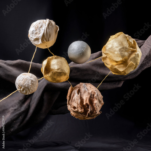A bunch of gold and silver balls are on a black background