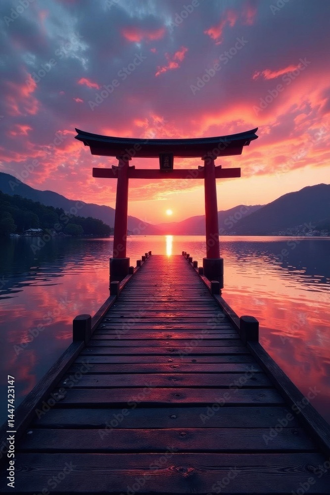 Peaceful lake pier ending in a torii gate, sunset hues , lake, golden hour, light Peaceful lake pier ending in a torii gate, sunset hues , lake, golden hour, light
