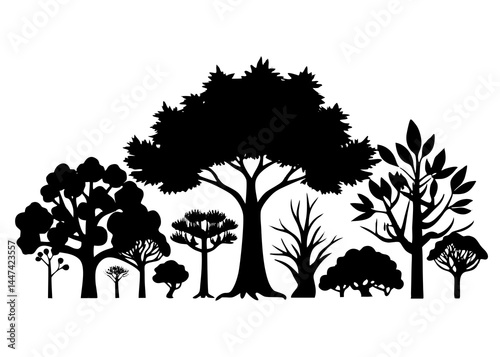 "Silhouettes of Various Trees – Diverse Forest Illustration"