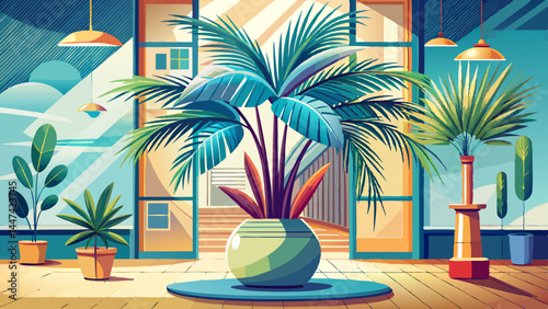 Stylish and vibrant, this palm thrives in indoor serenity.
The modern vase adds a touch of sophistication.
Fronds dance upward in natural harmony and balance.
Great for vector sets, eco-branding, and 