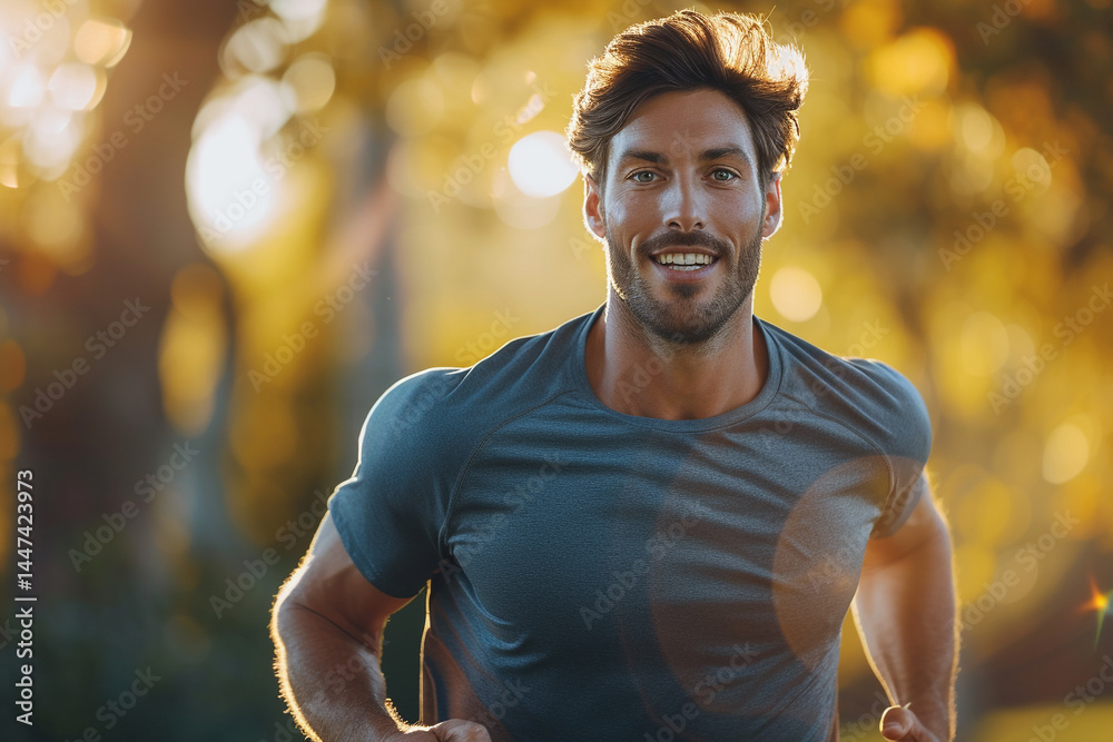 Obraz premium A closeup of a man joyfully sprinting through picturesque park, embracing invigorating outdoors and engaging in various forms of exercise, promoting a healthy and active lifestyle 