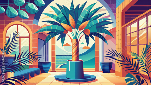 Stylish and vibrant, this palm thrives in indoor serenity.
The modern vase adds a touch of sophistication.
Fronds dance upward in natural harmony and balance.
Great for vector sets, eco-branding, and 