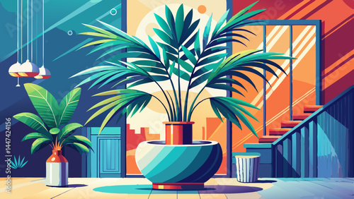 Stylish and vibrant, this palm thrives in indoor serenity.
The modern vase adds a touch of sophistication.
Fronds dance upward in natural harmony and balance.
Great for vector sets, eco-branding, and 