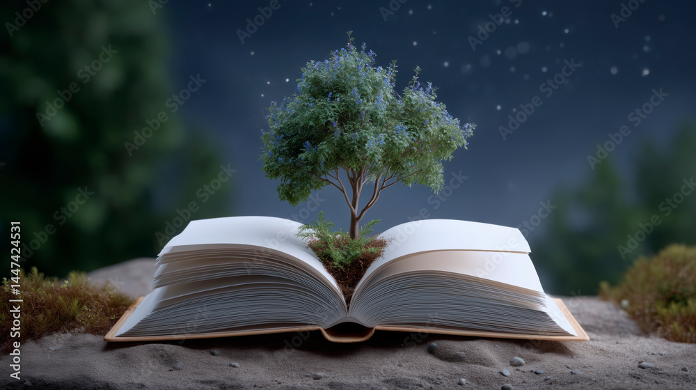 A tree is growing out of an open book