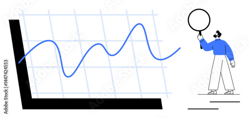 Line graph with fluctuating trend on grid, person holding magnifying glass analyzing. Ideal for analytics, data science, business growth, research, decision-making, tracking metrics, simple landing