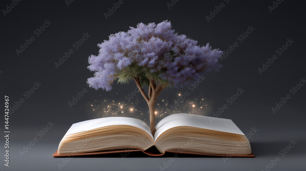 A tree is growing out of an open book