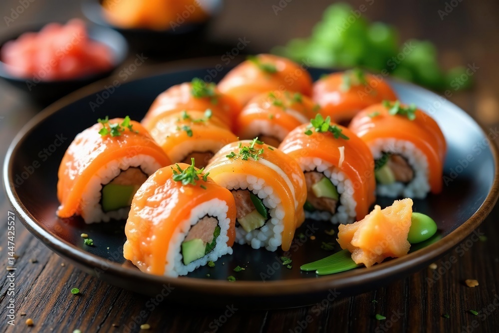 Variety of sushi rolls on a plate, wasabi, ginger, seafood, cuisine, dinner Variety of sushi rolls on a plate, wasabi, ginger, seafood, cuisine, dinner