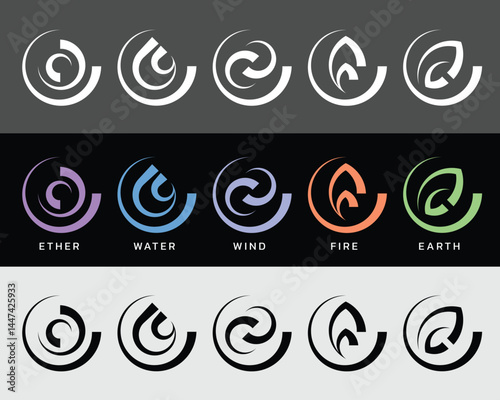 The Five elements of Ayurveda with ether water wind fire and earth Abstract circle curve and modern simple line symbol collection vector design