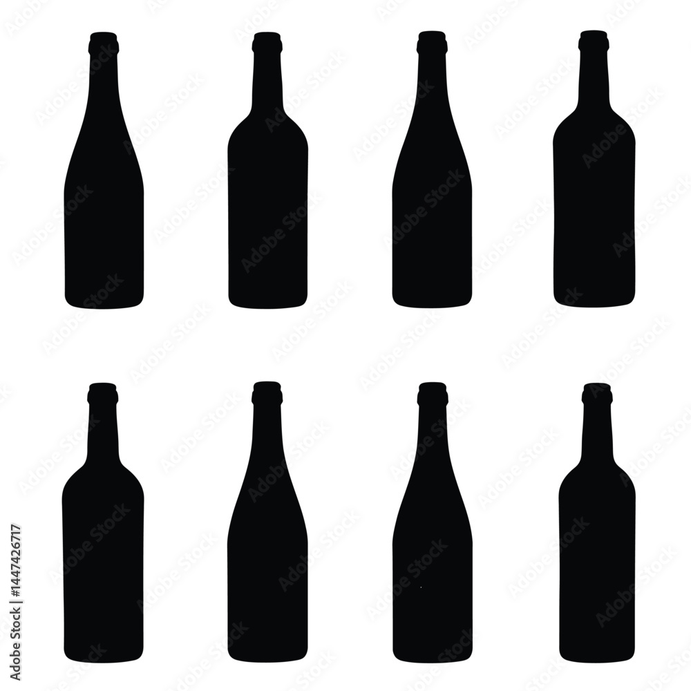 Set of silhouettes of wine bottles. Vector illustration in flat style Set of silhouettes of wine bottles. Vector illustration in flat style