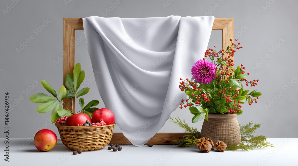 A white cloth is draped over a wooden frame