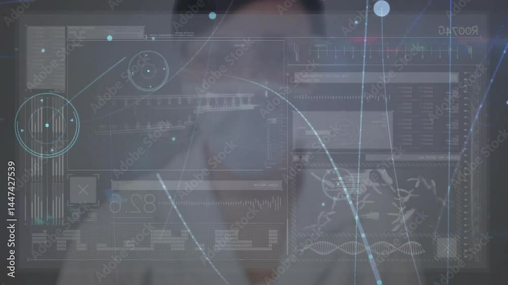 Scientist analyzing holographic data panels in 3D render, showing glowing charts and DNA helix Scientist analyzing holographic data panels in 3D render, showing glowing charts and DNA helix