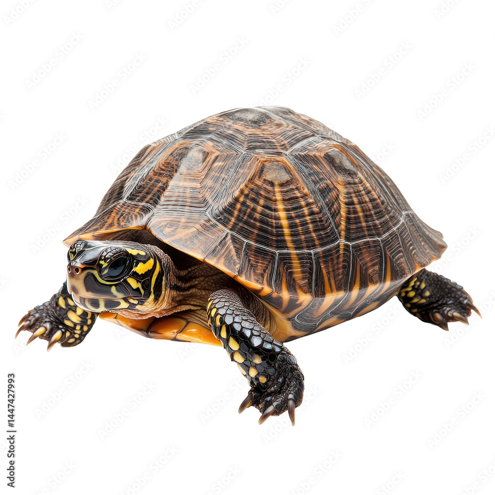 Fototapeta premium Colorful turtle crawling on a surface with unique patterns and textures under bright lighting at an indoor location