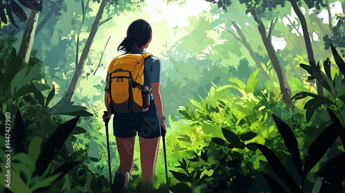 Hiker exploring lush green forest trails.