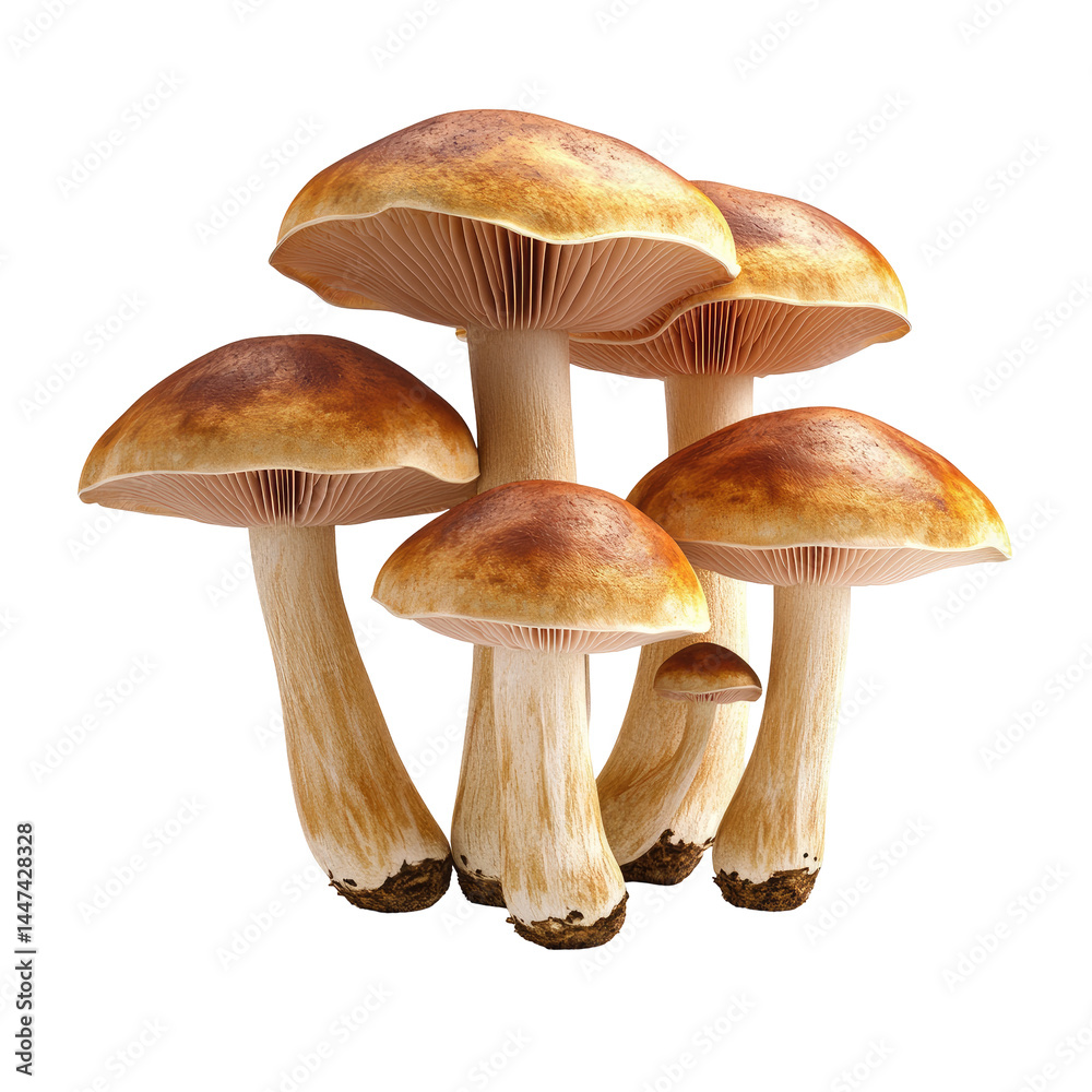 Cluster of mushrooms with varying shades of brown and beige caps Cluster of mushrooms with varying shades of brown and beige caps