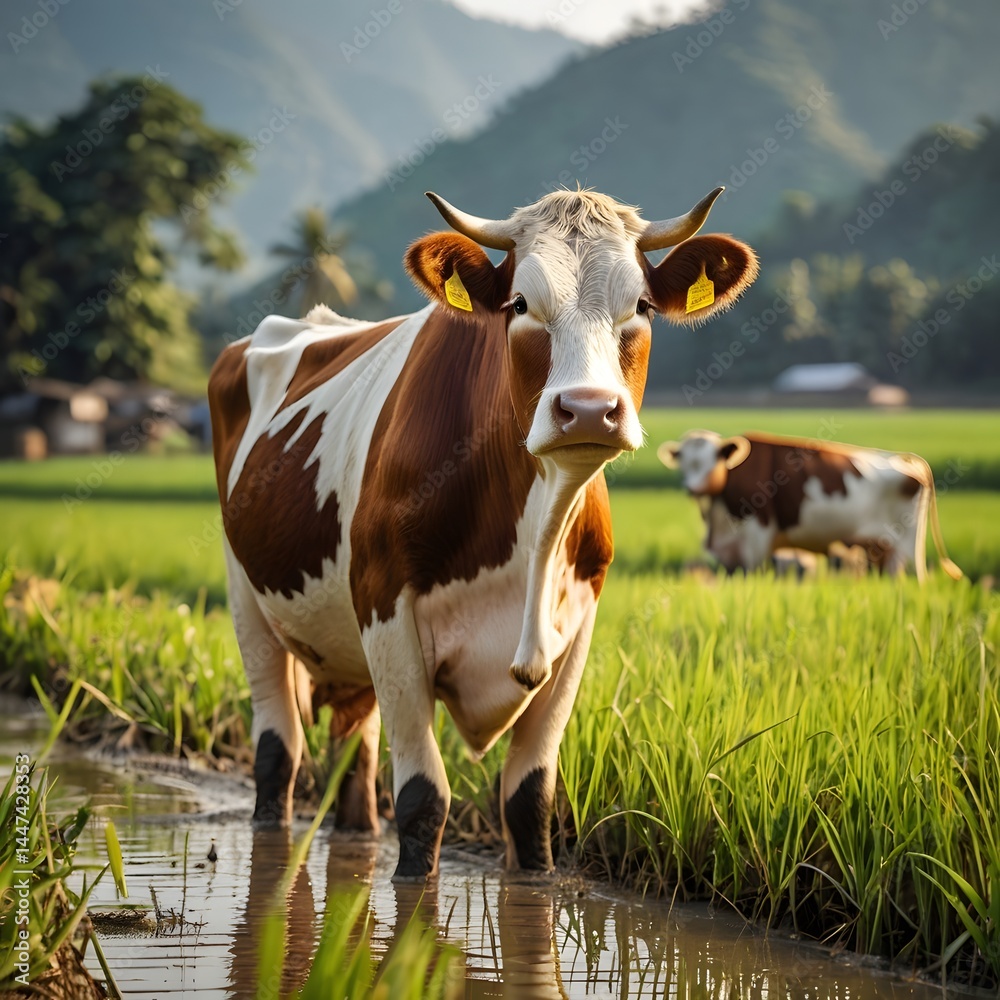 Potrait of Cow in the center of rice field AI Generated Image Potrait of Cow in the center of rice field AI Generated Image