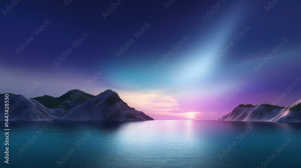 A beautiful blue ocean with a purple sky