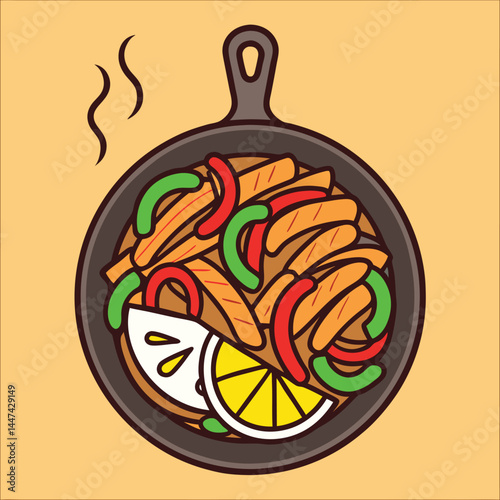 Sizzling Fajita Delights: An overhead illustration of a cast iron skillet overflowing with a flavorful fajita meal, complete with sizzling strips, colorful peppers, and a zesty lemon wedge.