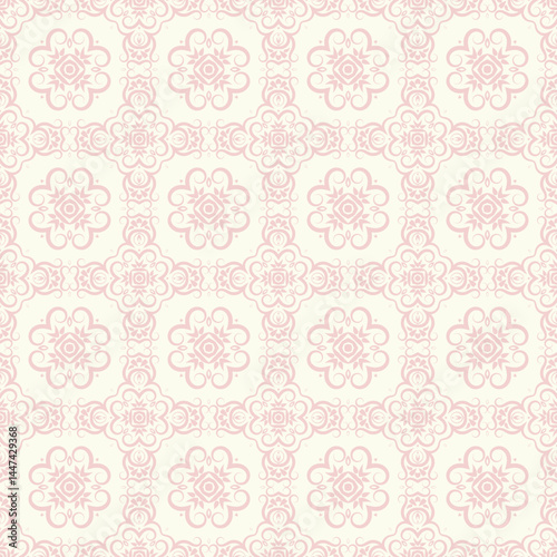intricate  seamless pattern with floral motifs. Geometric oriental soft pink background for textiles, wallpapers, linen, tile