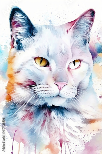 Watercolor portrait of a white cat with stunning yellow eyes, a beautiful artwork.