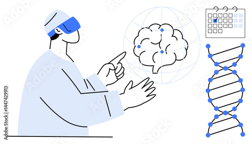 Researcher using VR headset pointing to brain diagram, DNA strand, and a marked calendar. Ideal for innovation, future research, neuroscience, genetics, technology, data analysis virtual reality