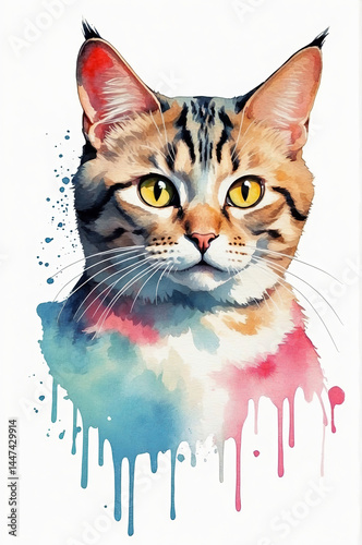 A stunning watercolor portrait of a cat, with vibrant colors and striking details, against a white backdrop.