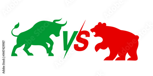 Bull vs bear stock market icon, green bullish versus red bearish trend silhouette.