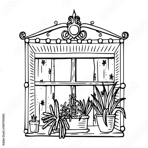 old-fashioned window with potted plants artwork