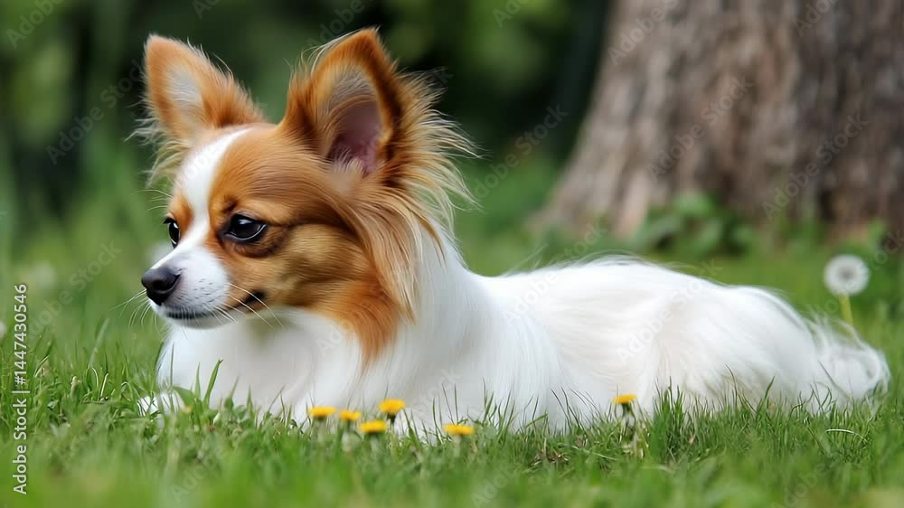Charming Papillon Resting Peacefully on Green Grass Under a Gentle Sunlight Charming Papillon Resting Peacefully on Green Grass Under a Gentle Sunlight