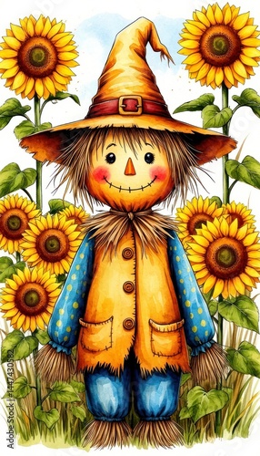 Colorful cartoon scarecrow standing in a sunflower field