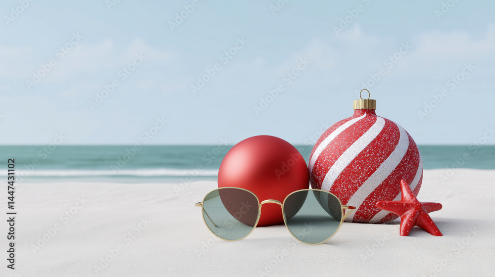 A red and white Christmas ornament sits on a beach next to sunglasses