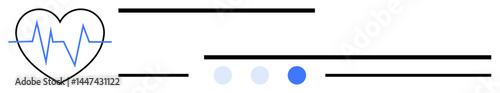Heart icon with heartbeat line, horizontal bars, and progress dots in shades of gray and blue. Ideal for healthcare, fitness, monitoring, technology, analysis, progress simple landing page