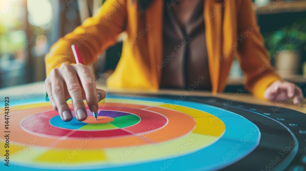 Businesswoman reaching for a target goal chart Businesswoman reaching for a target goal chart