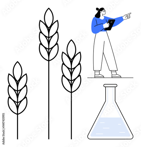 Female scientist holding tablet, pointing at three wheat stalks and test tube. Ideal for agriculture, research, science, biotechnology, sustainability, innovation, simple landing page