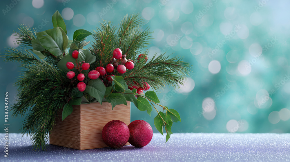 A small wooden box with red balls and green leaves