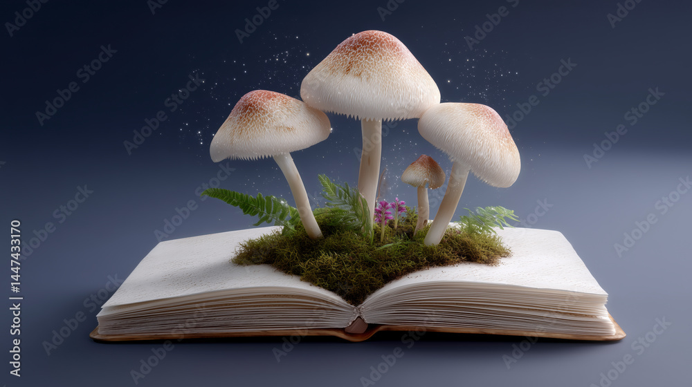 Three mushrooms are on top of an open book