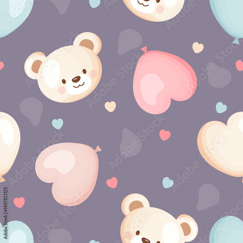 Cute seamless vector pattern with teddy bear faces and heart shaped balloons in pastel colors. Set on a dusty lilac background. Suitable for kids textiles, wrapping paper and Valentines Day.
