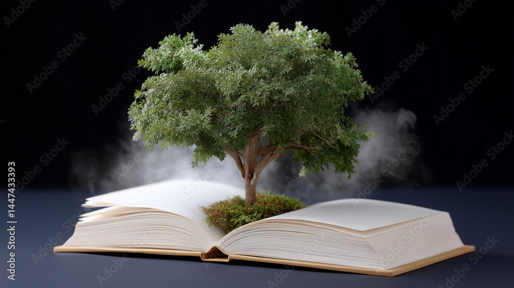 A tree is growing out of an open book
