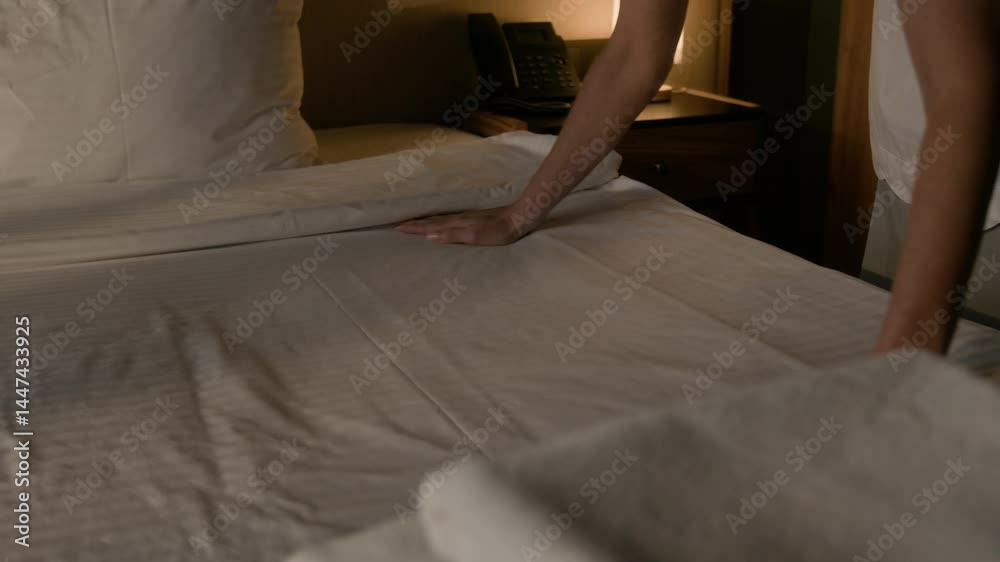 Close up view of hands of female housekeeper gently smoothing clean white sheets on bed in warmly lit hotel room