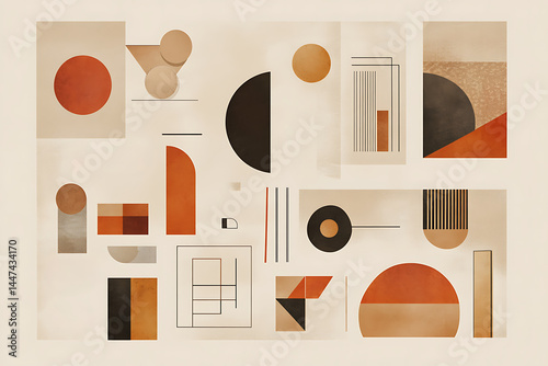Geometric abstract design with circles, squares, and triangles in warm earthy tones